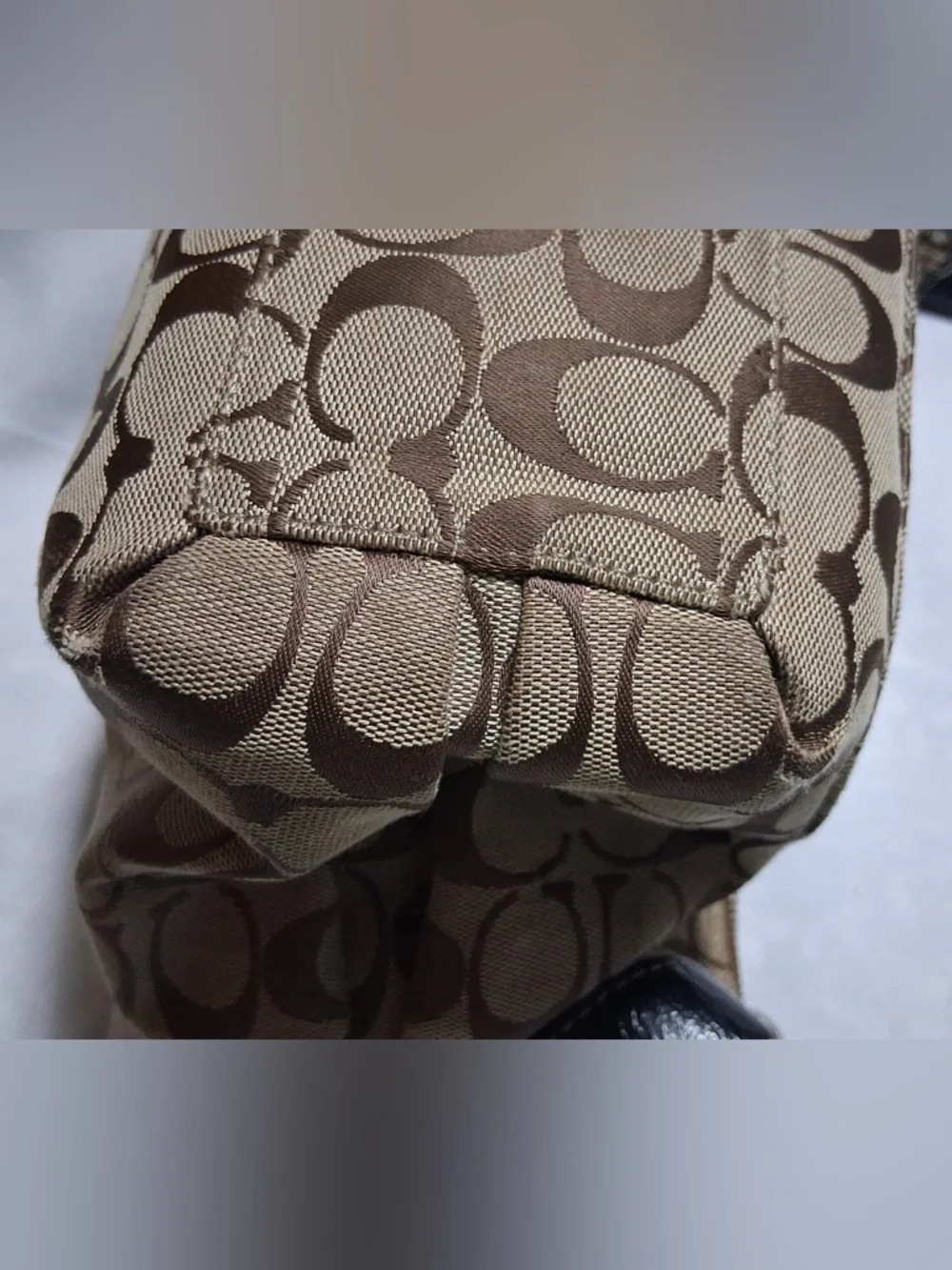 COACH Penelope Signature Hobo Canvas Bag Tan Brown with Black Handle and Trim